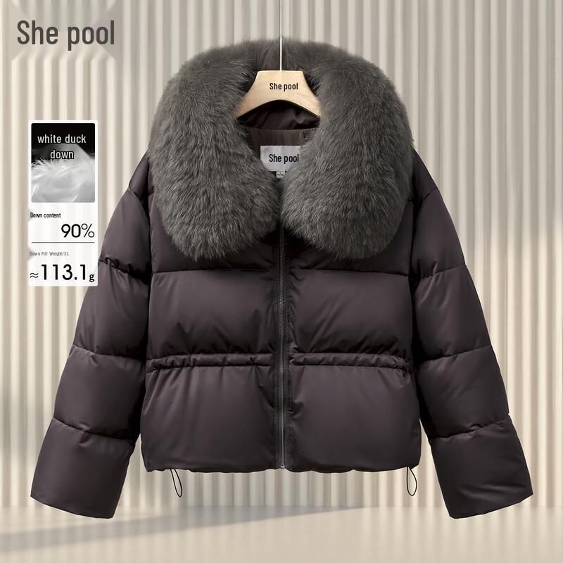 

Женская модная короткая пуховая куртка с капюшоном и меховым воротником M