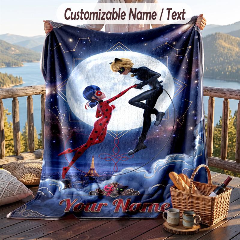 Miraculous Ladybug Flannel Blanket, Personalized Custom Name Text, Soft Warm Plush Throw Blanket For Gift