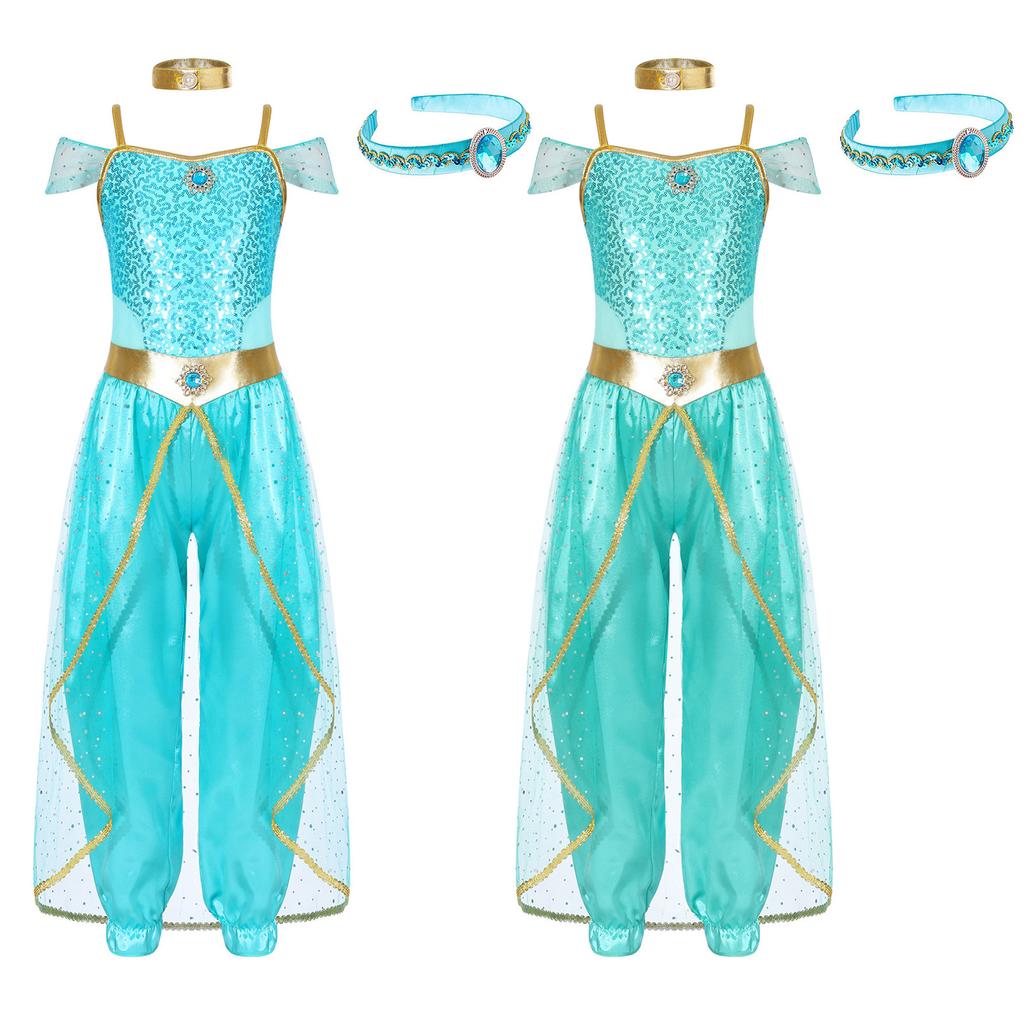 Girls Halloween Arabian Princess Cosplay Costume Sleeveless Sequins Long Jumpsuit Choker Gem Headwear Full Set