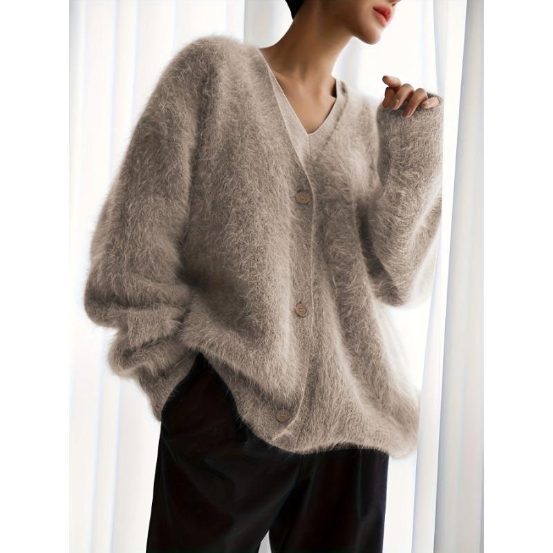 

Женский кардиган светло-серого цвета с V-образным вырезом - Мягкий свитер с открытой передней частью и длинными рукавами, Элегантный и универсальный, Универсальный кардиган | Свитер с V-образным вырезом XXL