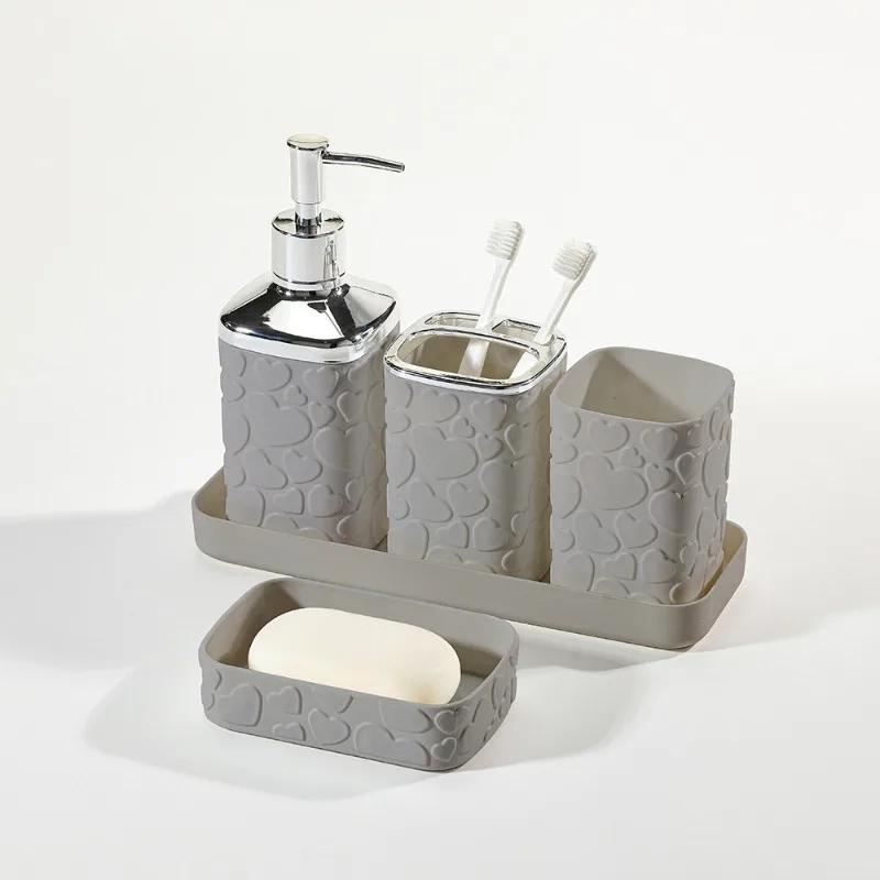 Black Pattern Tray Resin Bathroom Set Toothbrush Holder Soap Dispenser Soap Dish Bathroom Accessories Set Home Decor 5pcs/Set