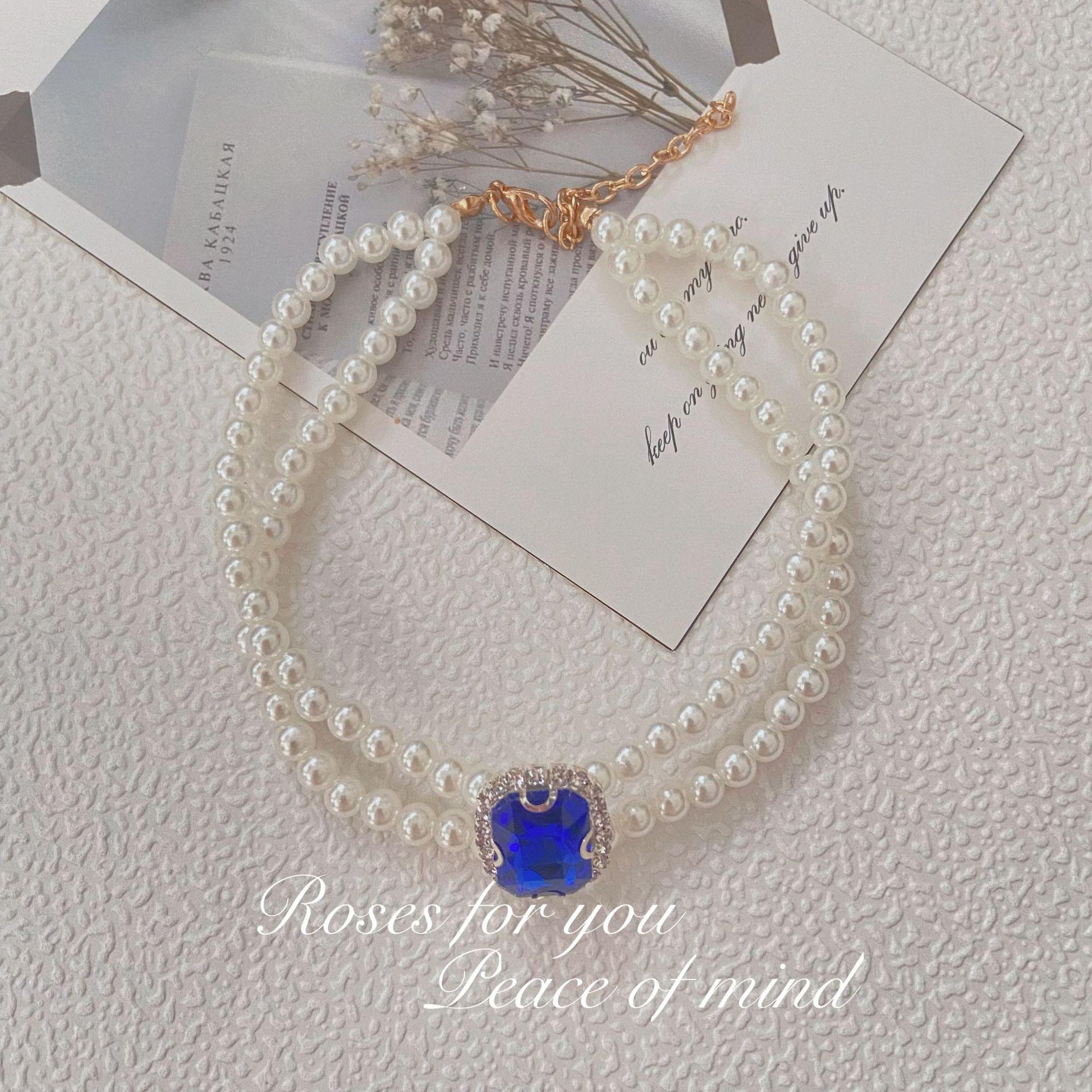 

French Cat Dog Pearl Necklace Crystal Accessories Muppet Elegant Temperament Pet Double Row Collar Kitten S:27+5cm королевский синий