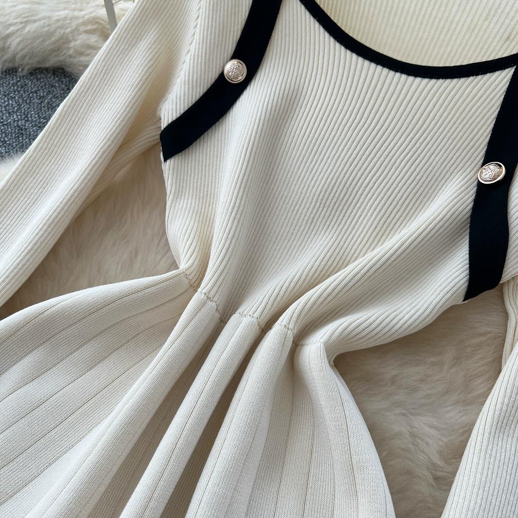 Autumn Winter Women Casual Square Collar Full Sleeve Knitted Sweater Pullover Dresses