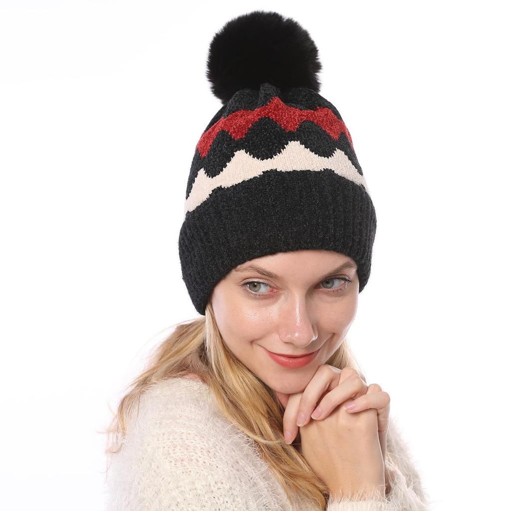 Women's Autumn Winter Plush Warm Knit Hat Chenille Soft Wave Wool Ball Wool Hat