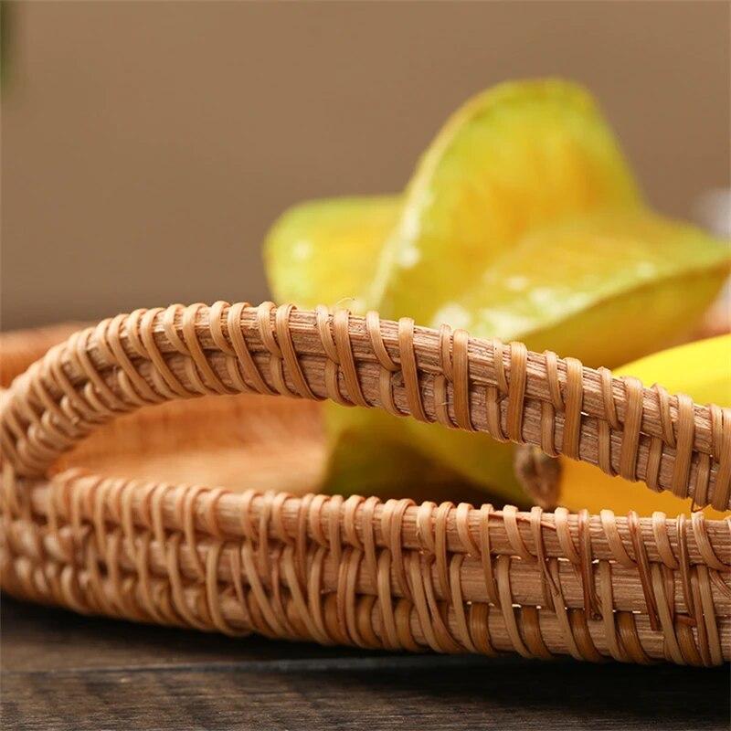 D5 Rotin Fait Main Rotin Véritable Panier à Fruits Panier à Snacks et à Pain Plateau Salon Snacks Divers Panier de Rangement Rond Plateau à Fruits