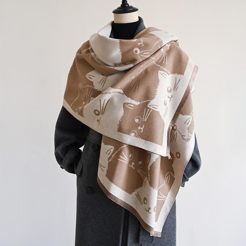 NEW Winter Kitty Women Pashmina Scarves Fringe Wrap Warm Fashion Brands Designer Cashmere Two-Sided Scarf Blanket Soft Shawls