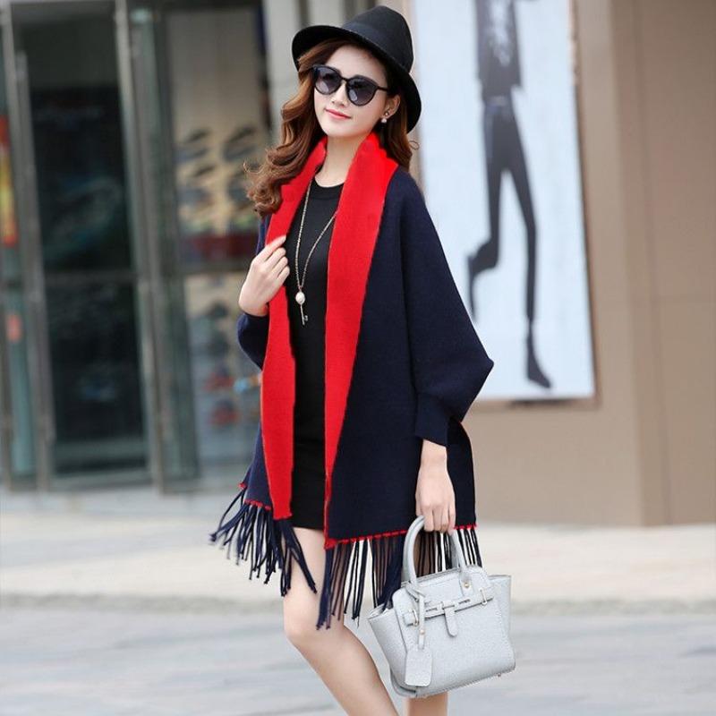 

Шаль однотонный свитер с рукавами двухсторонняя вязка толстый шарф с кисточками осенне-зимняя накидка кардиган куртка one size темно-синий