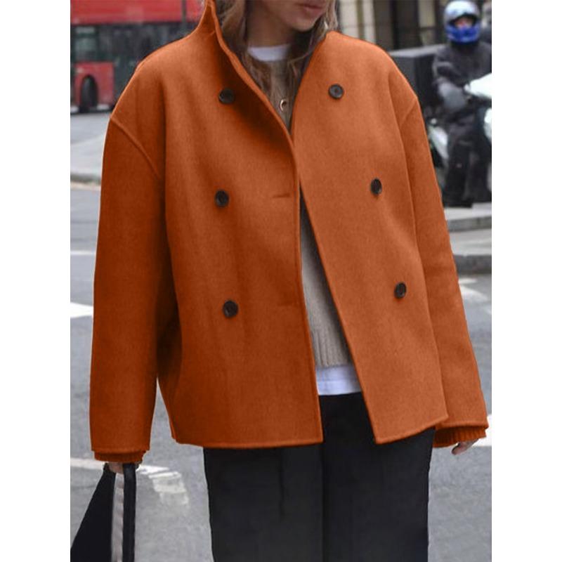 Women European Size Solid Color Double Breasted Woolen Casual Coat Outerwear
