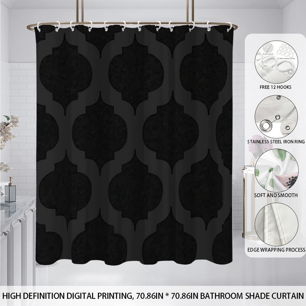 1pc Geometric Print Waterproof Black Shower Partition Privacy Hanging Curtain with 12 Hooks Multiple Sizes Easy Installation