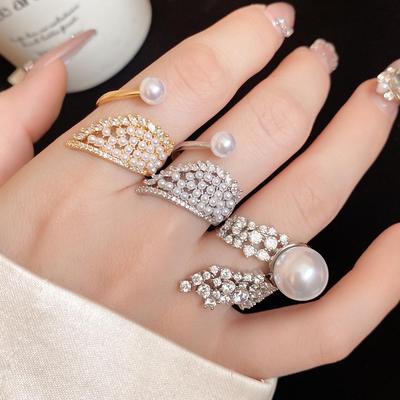 Elegant French Zircon Pearl Wing Ring: High-End, Versatile Design for Women