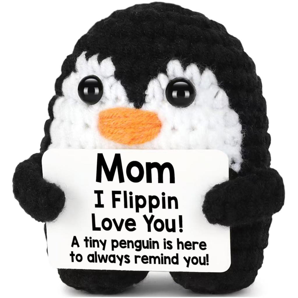 Hand-Knitted Penguin Wool Plush Ornament with Positive Energy Card