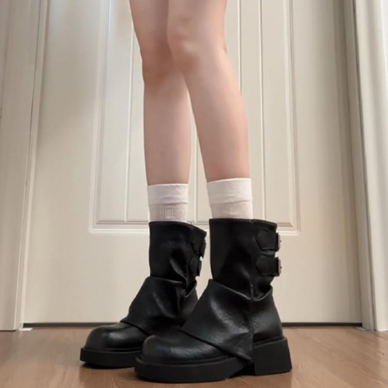 Winter Fashion Slip On Women Ankle Boots Elegant Back Belt Buckle Low Heels Shoes Leather Botas  De Mujer