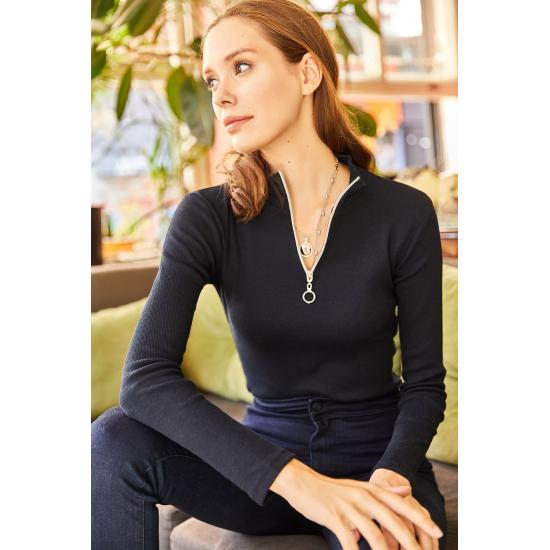 Dame Ecru rullekraveglidelås lycra bluse