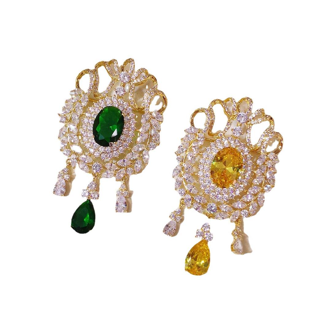 Court Retro Badge Micro-Inlaid Brooch Luxury Water Drop Latte Wheat Ears Emerald Women'S Coat