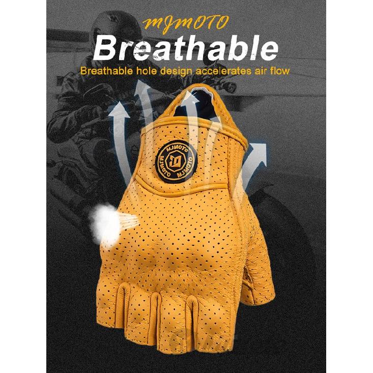 MJMOTO Retro Leder Motorrad Halbfingerhandschuhe Touchscreen Motocross Handschuhe Hartschalen Schutz Motorradhandschuh Atmungsaktiv
