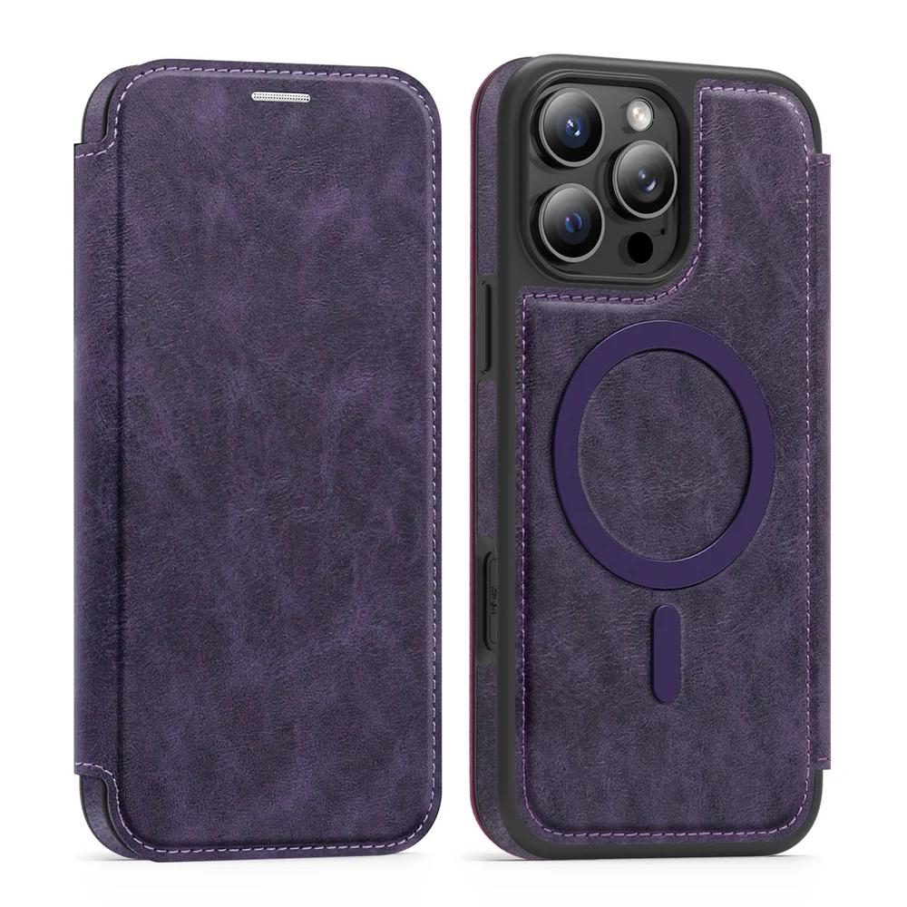 For MagSafe Flip Leather Phone Case for IPhone 16E 16 15 Plus 14 13 12 11 Pro Max RFID Blocking Wallet with Card Holder Cover