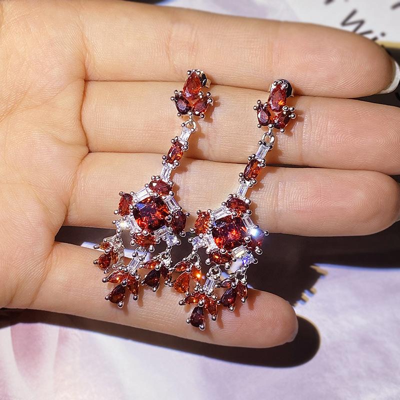 silver retro red crystal tassel earrings light luxury palace style diamond-studded earrings high-end exaggerated women