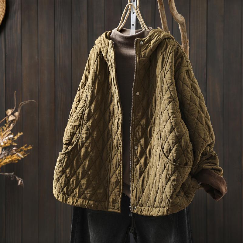 Chaqueta de Algodón con Capucha Acolchada de Diamantes para Mujer - Petite, Holgada, Informal, Ligera, Tendencia Invierno 2025
