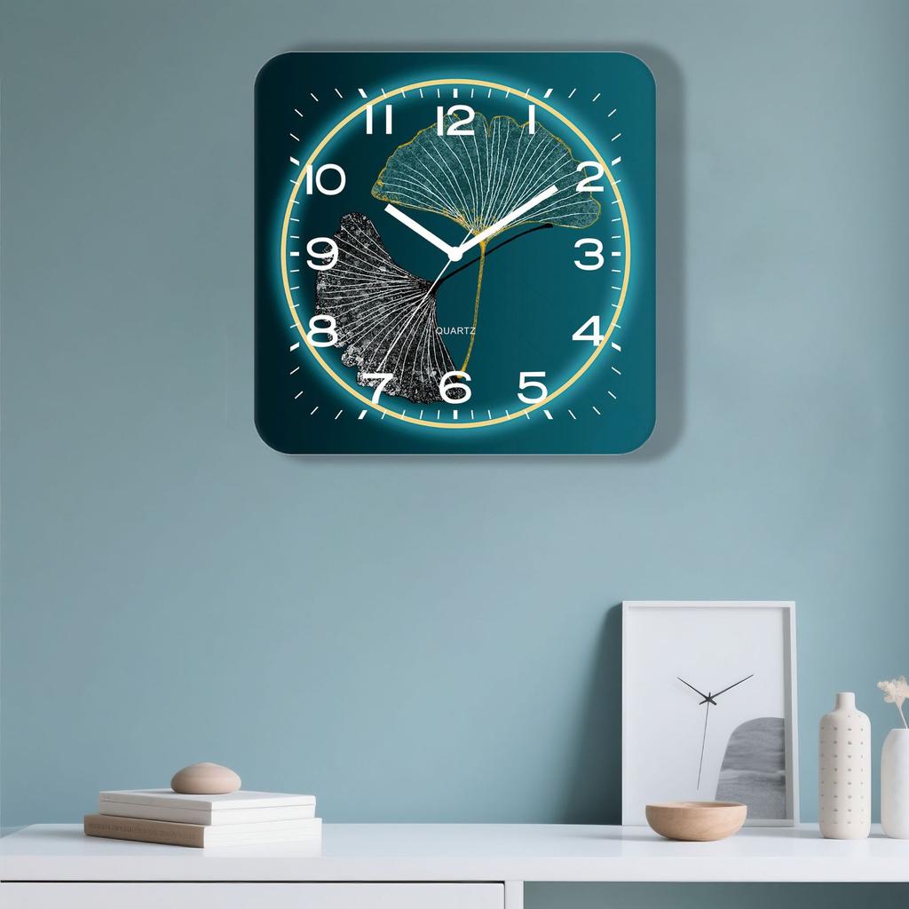 New Chinese Style Blue and Green Two-color Ginkgo Leaf Square Ginkgo Leaf Wall Clock
