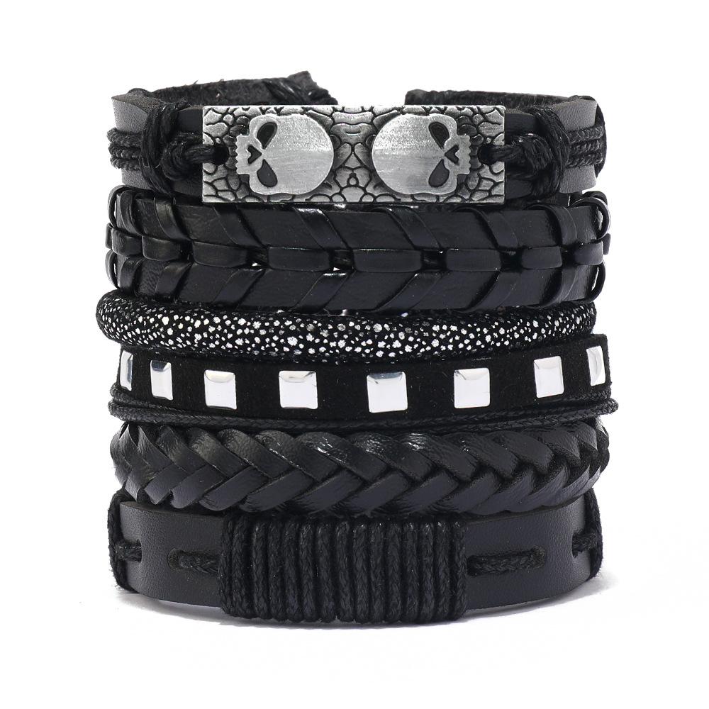

New cowhide bracelet men s European and American personality skull exaggerated leather hand jewelry wholesale supply чорний