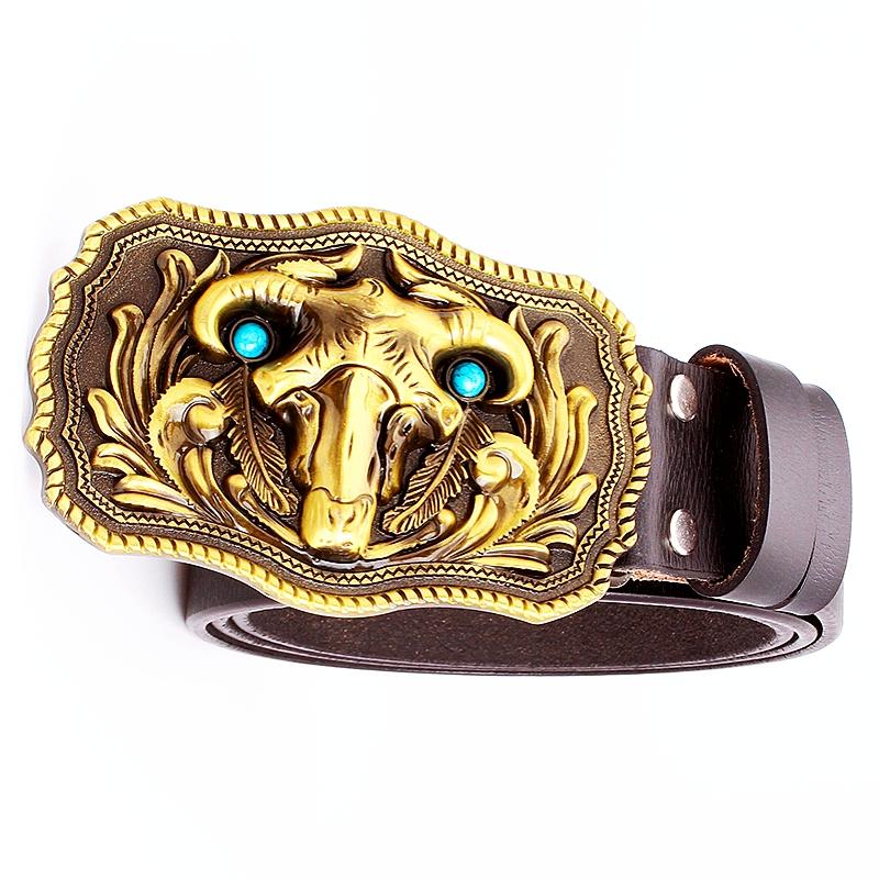 Golden Bull Head Buckle Turquoise Cowskin Leather Belt Fashion Cowboy Wild Western Style Decorative Belt For Men Women 105CM