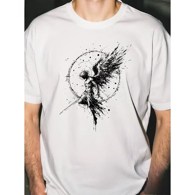 The Rebel, Wings, Swordsman, Rising Sun Swordsman, Splash Ink, Sketch, Unique Print, Casual, Breathable - Regular Fit T-Shirt, Classic Crew Neck