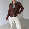 Denim splicing fake two-piece lapel knitted cardigan European, American autumn and winter loose women's long-sleeved top