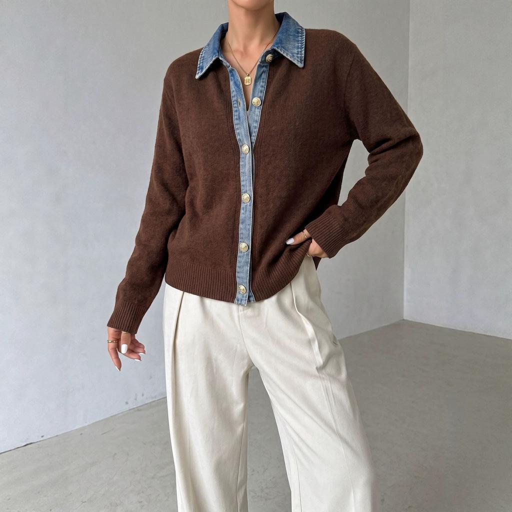 Denim splicing fake two-piece lapel knitted cardigan European, American autumn and winter loose women's long-sleeved top
