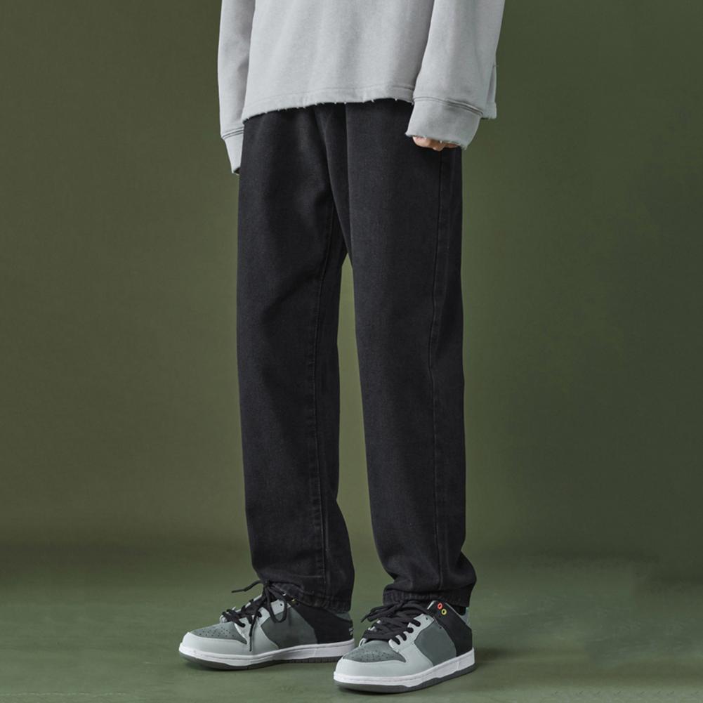 Men Summer Everyday Jeans Mid-rise Zipper Button Fly Denim Pants Straight Wide Leg Trousers Pockets Design One Tone Long Pants