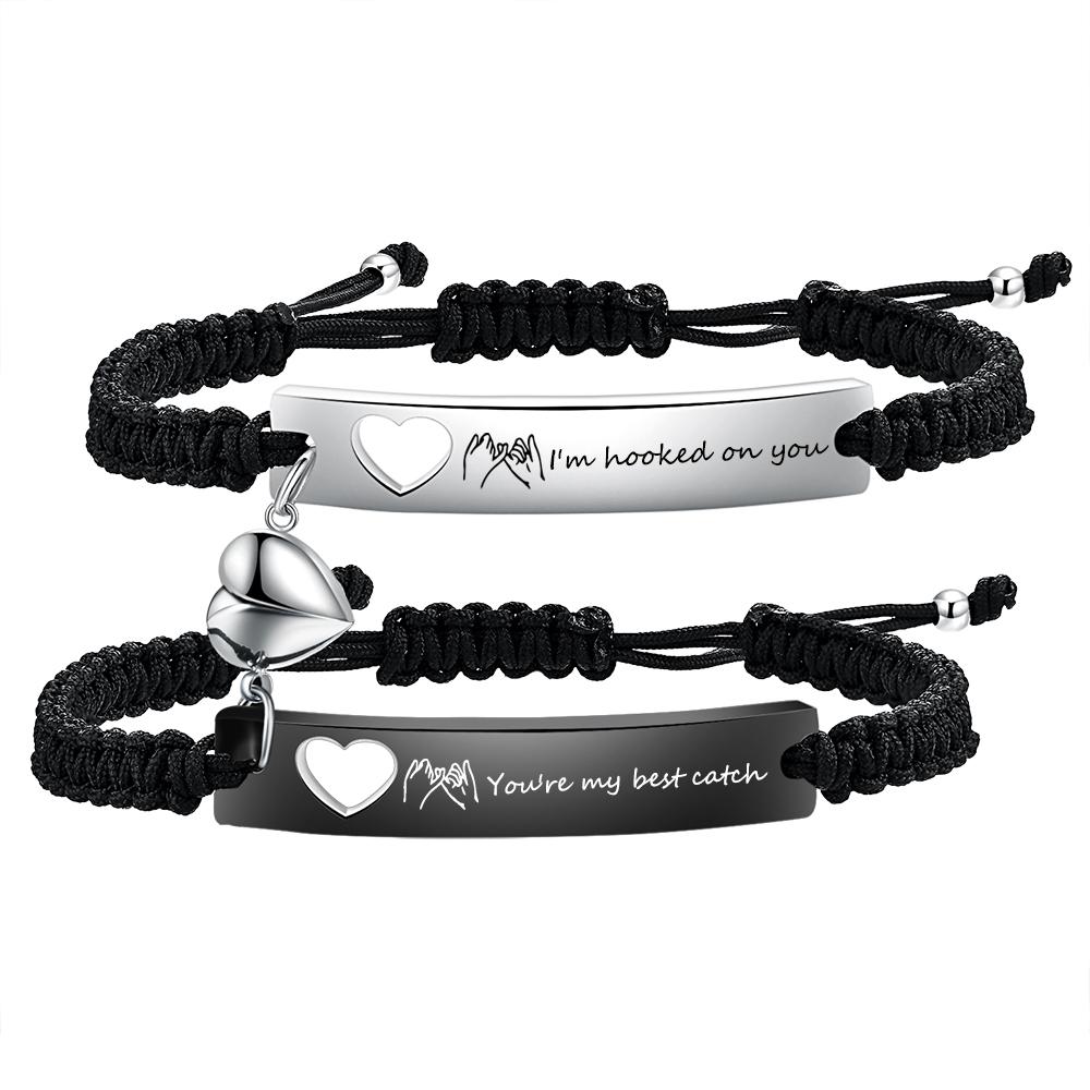 Long Smooth Surface Engraved Bracelet Fashionable Hand-woven Heart Hollowed-out Magnetic Stainless Steel Couple Bracelet