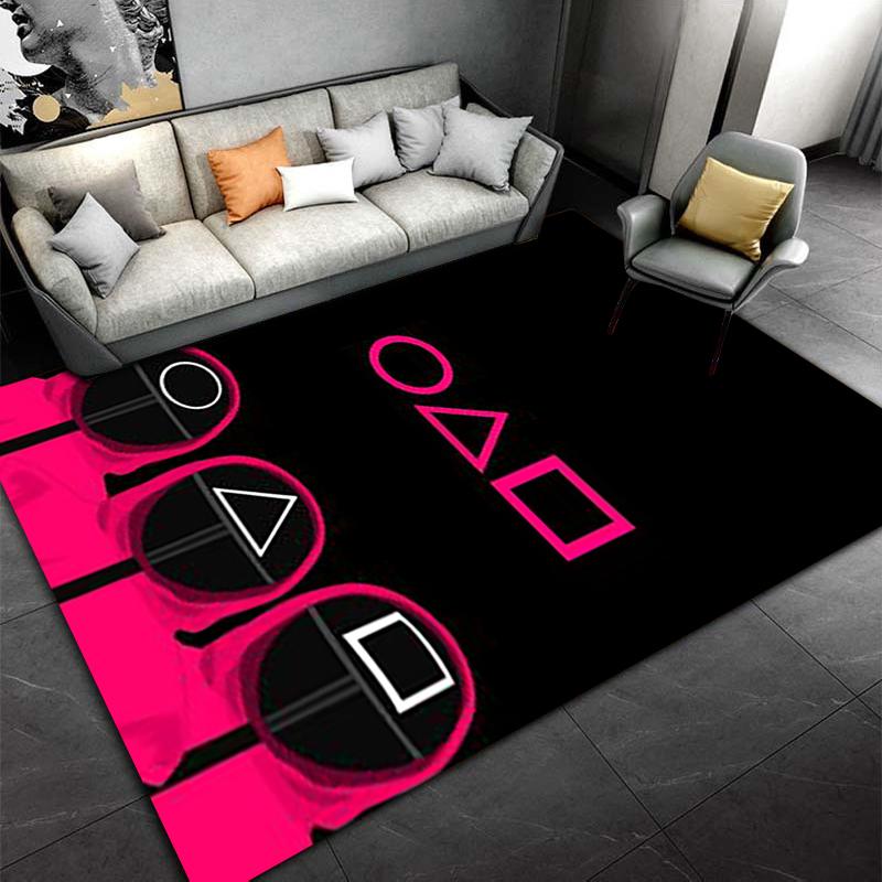 Carpet with Pink Mask and Game Symbol Design on Black Background Suitable for use as an anti-slip for living room bedroom sofas