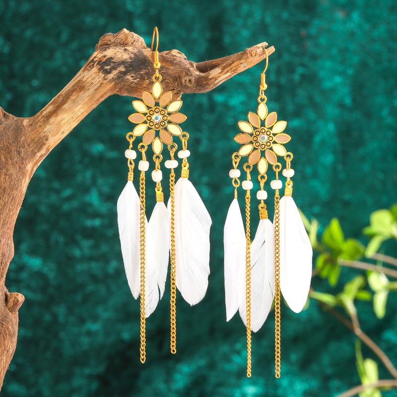Bohemian Long Sun Flower Feather Earrings for Women Trendy Ethnic Retro Gold Color Chain Tassel Earring Wedding Vacation Jewelry