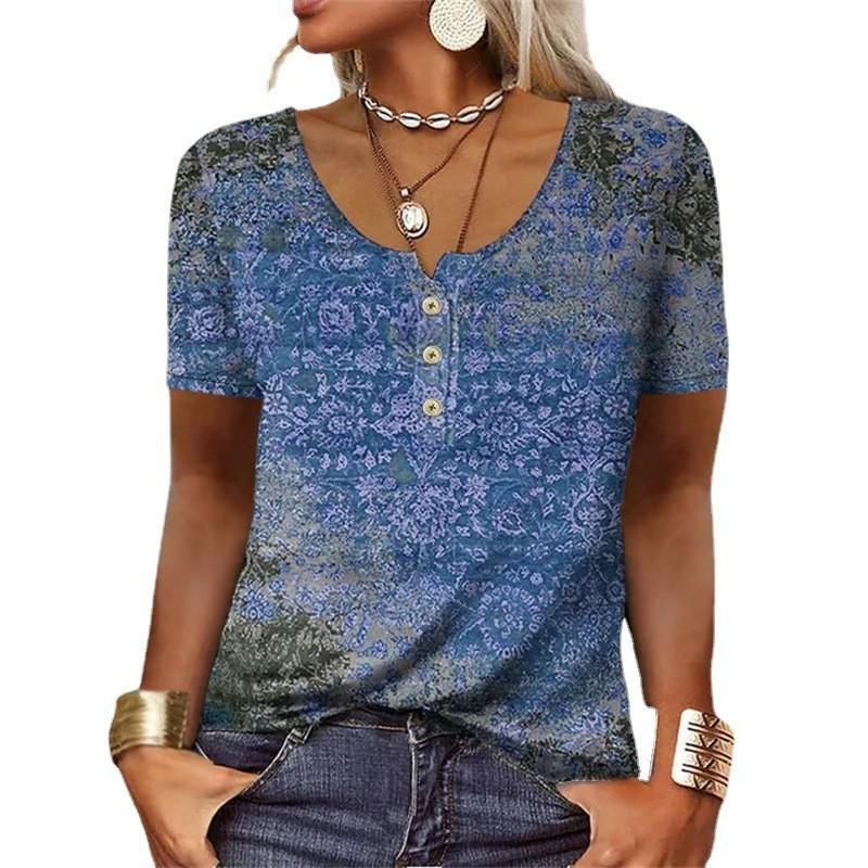 Elegant T-shirt Ladies Short-sleeved Fashion Ethnic Style Loose Retro Casual Button Shirt 3d Floral Print Loose Summer Top