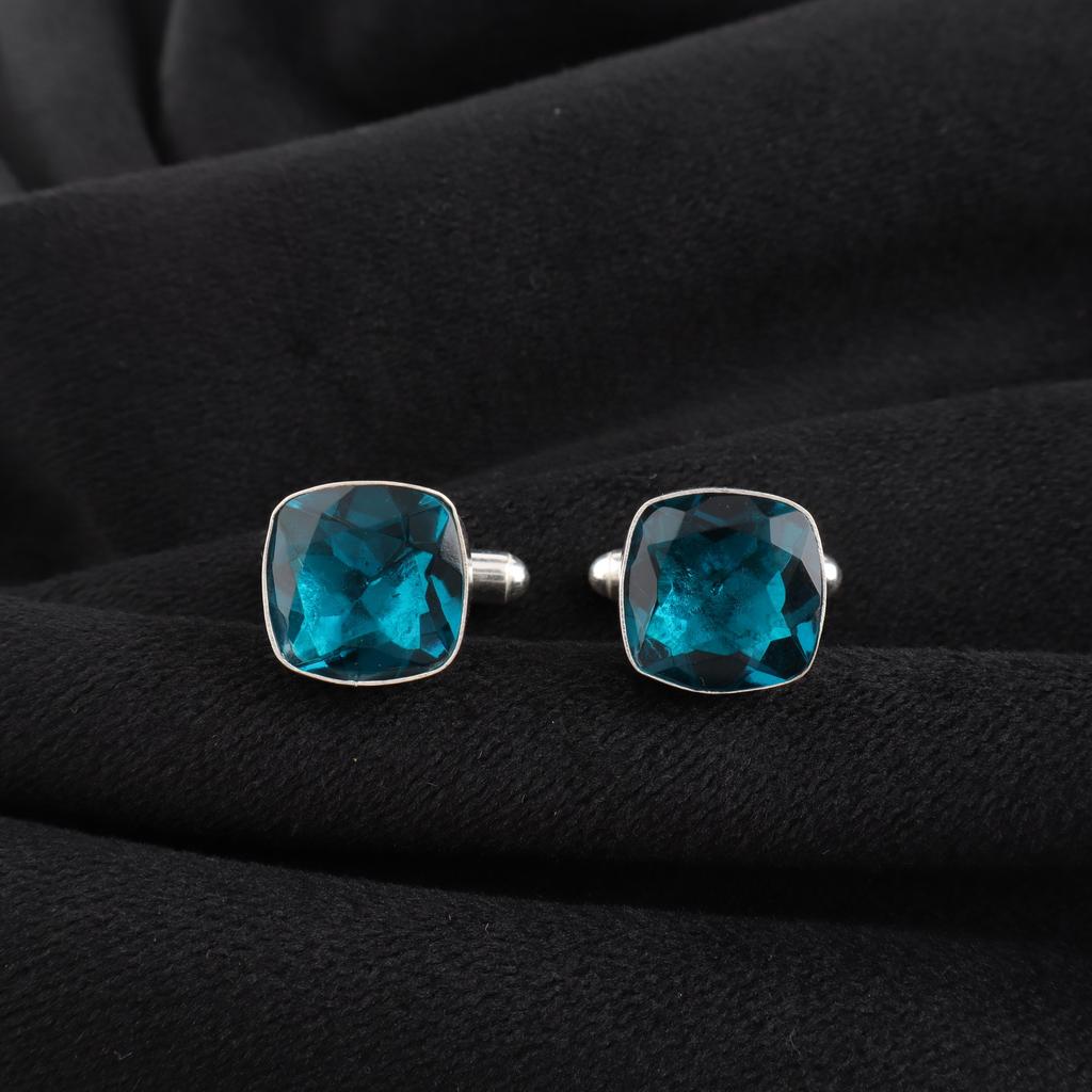 Apatite Cushion Cut Gemstone Silver Cufflink, 925 Sterling Handmade Gemstone Jewelry, Cufflink For Men's, Christmas Gifts CL-9-2