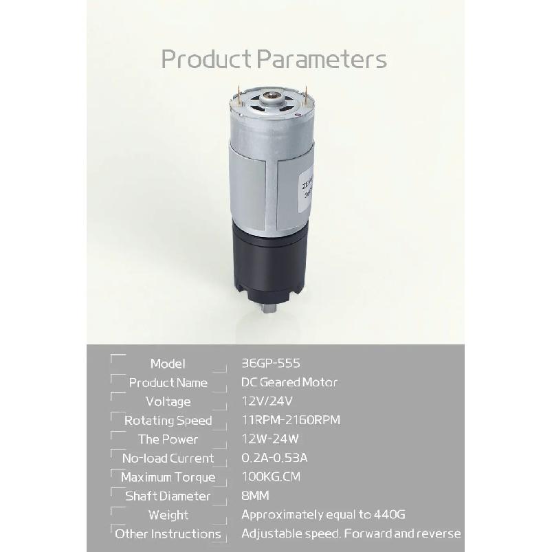 36GP-555 Miniature Planetary Gear DC Brushed Motor 12V-24V, all-metal gears, reversible rotation, high torque 100KGCM gear motor