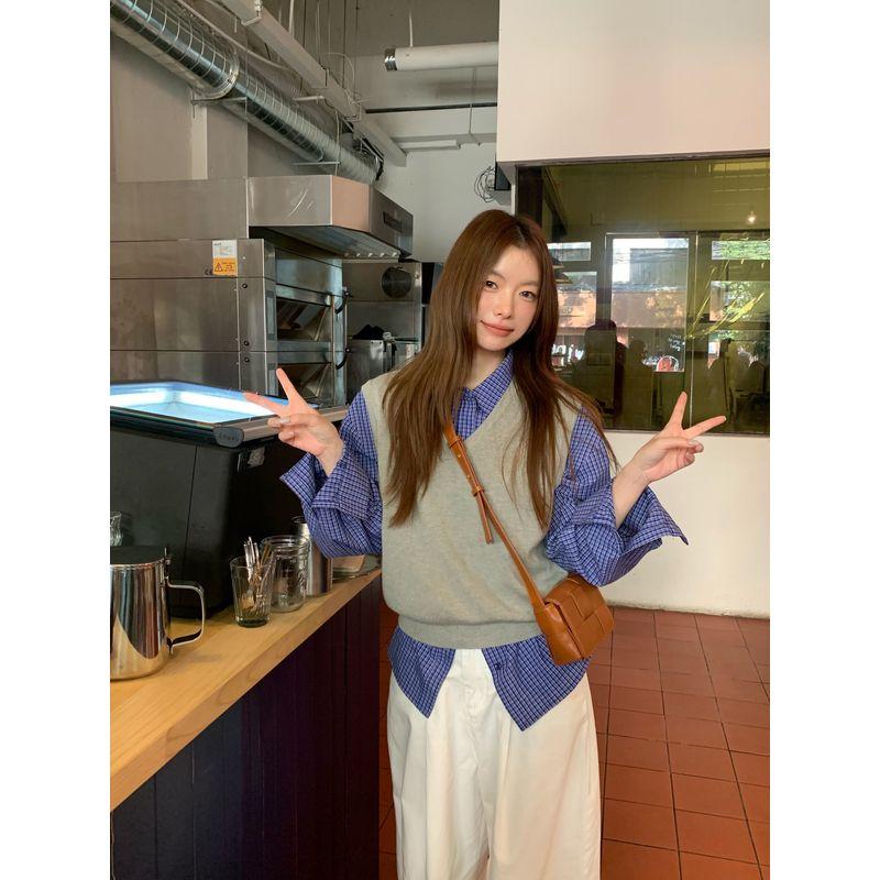 

Костюм Kumikumi College Свободная Ретро Клетчатая Рубашка с Длинным Рукавом Женский Осенний Бандажное Платье Жилет Жилет Комплект из Двух Предметов Grey vest One size