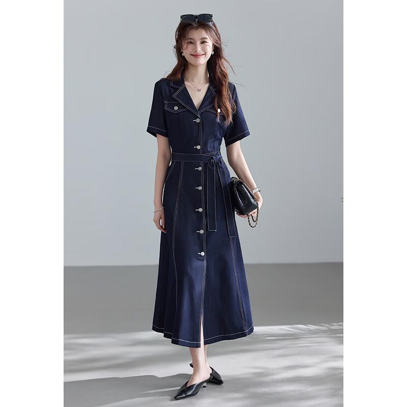 VICTORIA&VERA French Style Faux Denim Short Sleeve Maxi Dress
