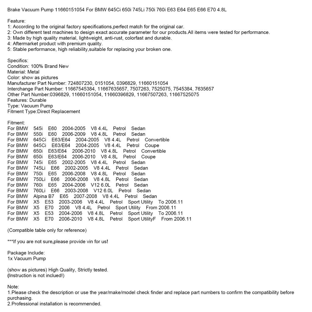 Bremsvakuumpumpe 11660151054 Für BMW 645Ci 650i 745Li 750i 760i E63 E64