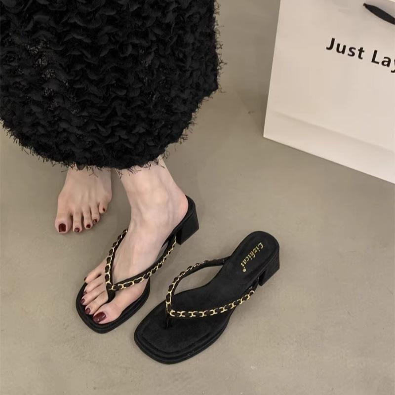 

Retro metal chain toe high heel sandals 2025 summer new temperament thick heel flip-flops outside women s shoes 39 чёрный