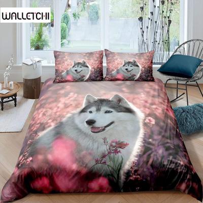 Husky Nevresim Takımı Yavru Evcil Hayvan Çiçek Çiçekli Orman Doğal Manzara Sevimli Hayvan Yatak Takımı Polyester Çift Kraliçe King Yorgan Kılıfı