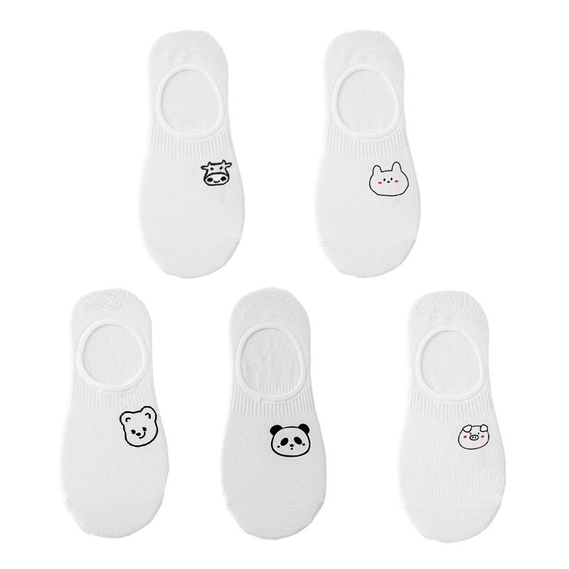 5 Pairs/lot White Cartoon Boat Socks for Women Cute Sketch Thin Summer Shallow Socks Silicone Non-Slip Invisible Crew Socks