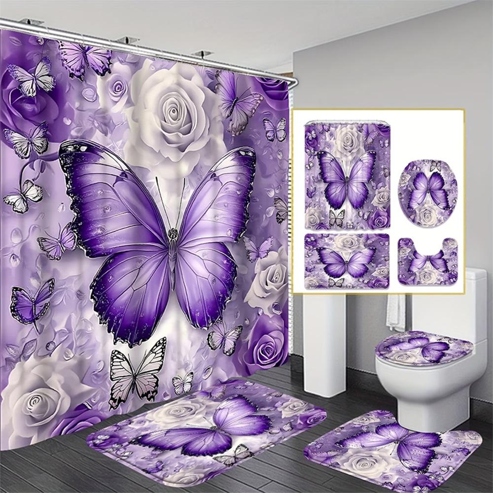 Dunkelblau Rose Schmetterling Muster Duschvorhang Set, Rutschfester Badezimmerteppich, Toiletten-U-förmiges Kissen, Toilettensitzbezug Kissen