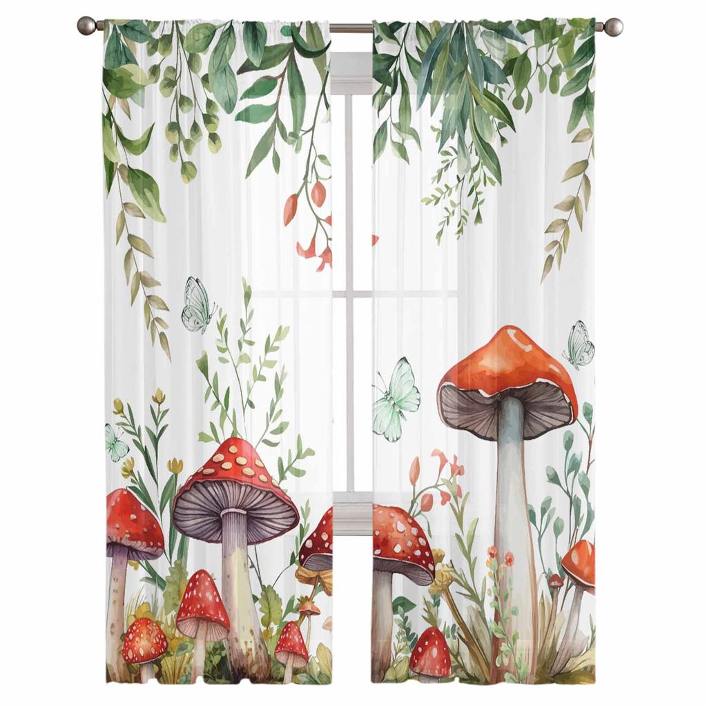 Pilzpflanzen Aquarellblumen Retro Schmetterlinge Schlafzimmervorhänge Tüll Gardine Wohnzimmer Heimdeko Voile Vorhänge