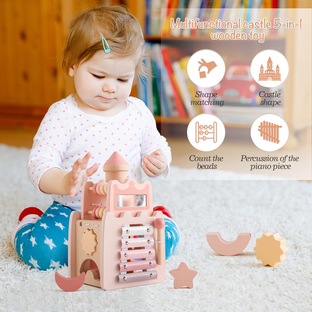 Children Geometric Castle Shape Block Puzzle Toys Kids Montessori Wooden Toys Baby Pink Castle Shape Matching Busy Box Toys