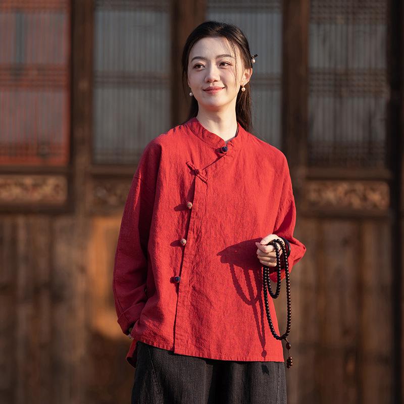 Spring/Summer 2025 Women's Retro Linen Shirt with Stand Collar, Side Placket, Color Block, Sand Wash, Frog Button, and Long Sleeves.