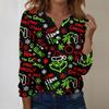 Women's Fashion Casual V-Neck Long Sleeve Decorative Button Christmas Print Top