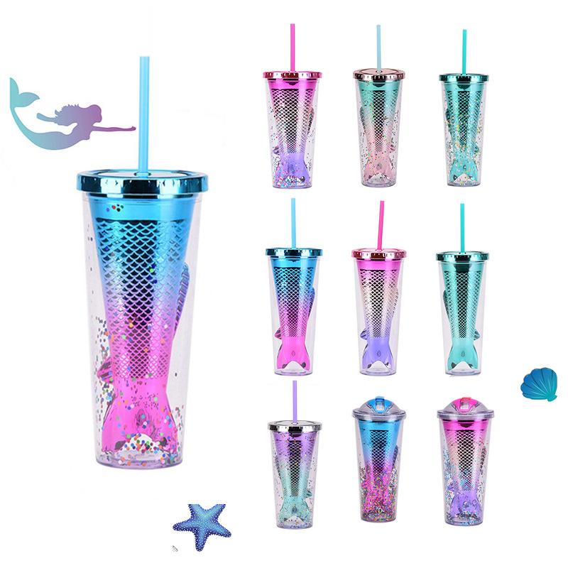 Double Layer Plastic Cup Creative Gradual Change Mermaid Tail Straw Cup Appearance Electroplating Color Sequined Water Cup