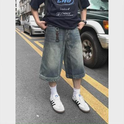 Unisex Retro Washed Denim Shorts: Loose, Casual, Straight, Wide-Leg Cropped Pants
