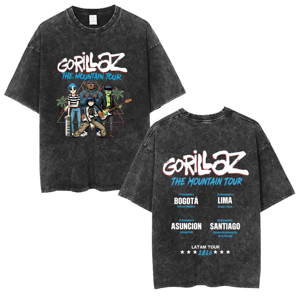 Washed Vintage Rock Band Gorillaz Tour 2026 T Shirt Men Women Clothing Retro Gothic Punk T-shirt Male Hip Hop Oversized T-shirts