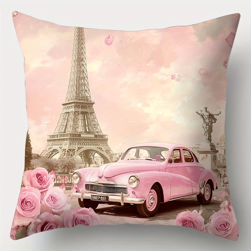 Romantic Paris Eiffel Tower & Pink Car PillowcaseLiving room sofa cushion cover, soft and comfortable, bedroom room decoration